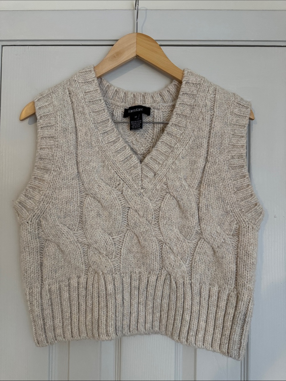 Karen Kane Cable Knit V-Neck Sweater Vest in Oatmeal Beige